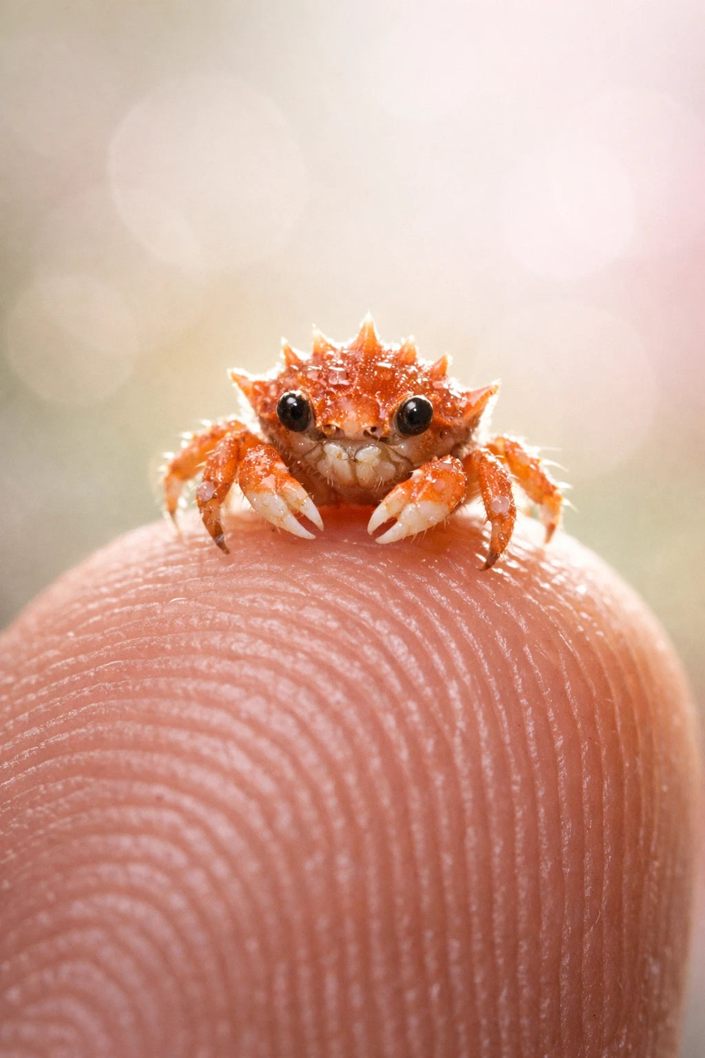 Ultra-macro portrait of tiny realistic animal standing on a human fingertip with soft pastel bokeh background: King Crab