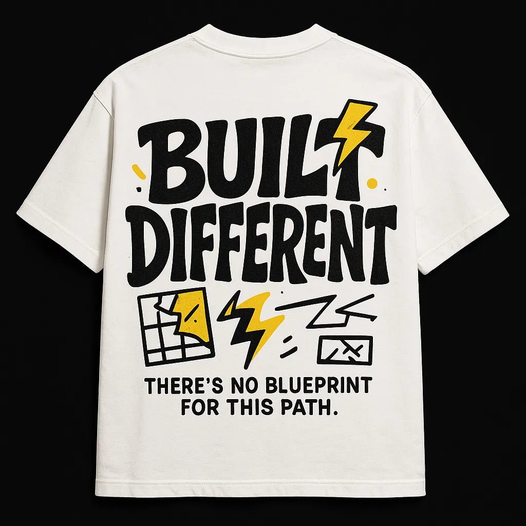 Example output from the Minimal Concept T Shirt Back Prints ChatGPT prompt: premium flat-lay T-shirt mockups with bold centered quotes, minimalist concept icons, vivid highlights, and high-resolution fabric texture rendering. Build Different.