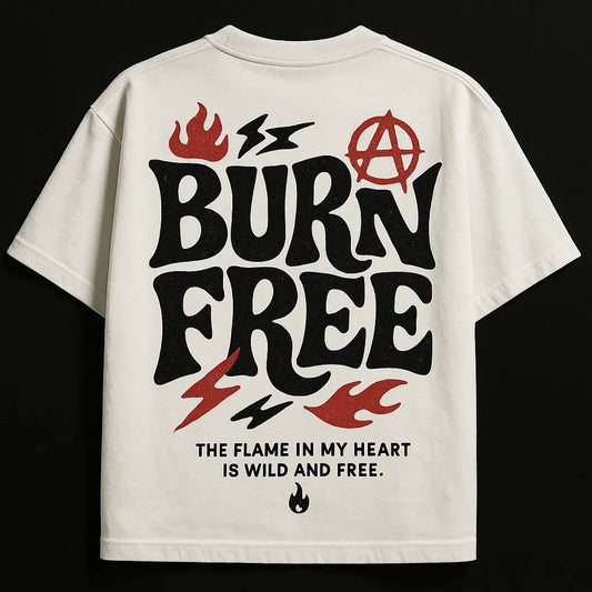 Example output from the Minimal Concept T Shirt Back Prints ChatGPT prompt: premium flat-lay T-shirt mockups with bold centered quotes, minimalist concept icons, vivid highlights, and high-resolution fabric texture rendering. Burn Free.