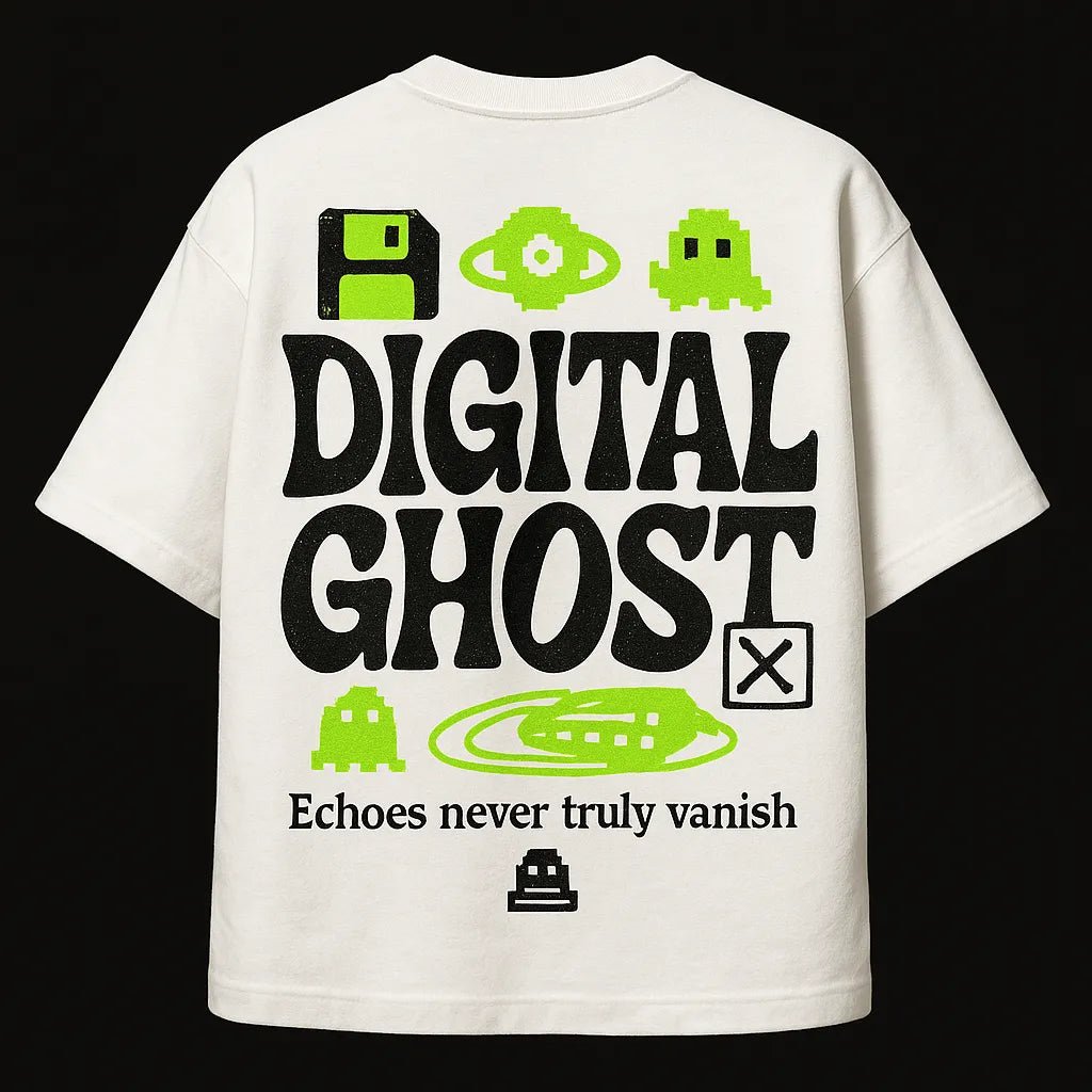 Example output from the Minimal Concept T Shirt Back Prints ChatGPT prompt: premium flat-lay T-shirt mockups with bold centered quotes, minimalist concept icons, vivid highlights, and high-resolution fabric texture rendering. Digital Ghost.