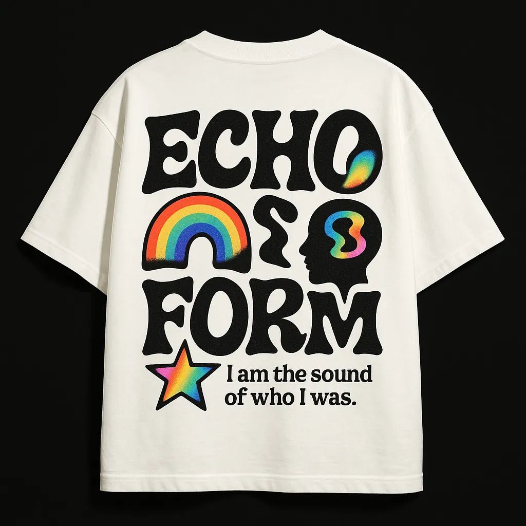 Example output from the Minimal Concept T Shirt Back Prints ChatGPT prompt: premium flat-lay T-shirt mockups with bold centered quotes, minimalist concept icons, vivid highlights, and high-resolution fabric texture rendering. Echo Form.