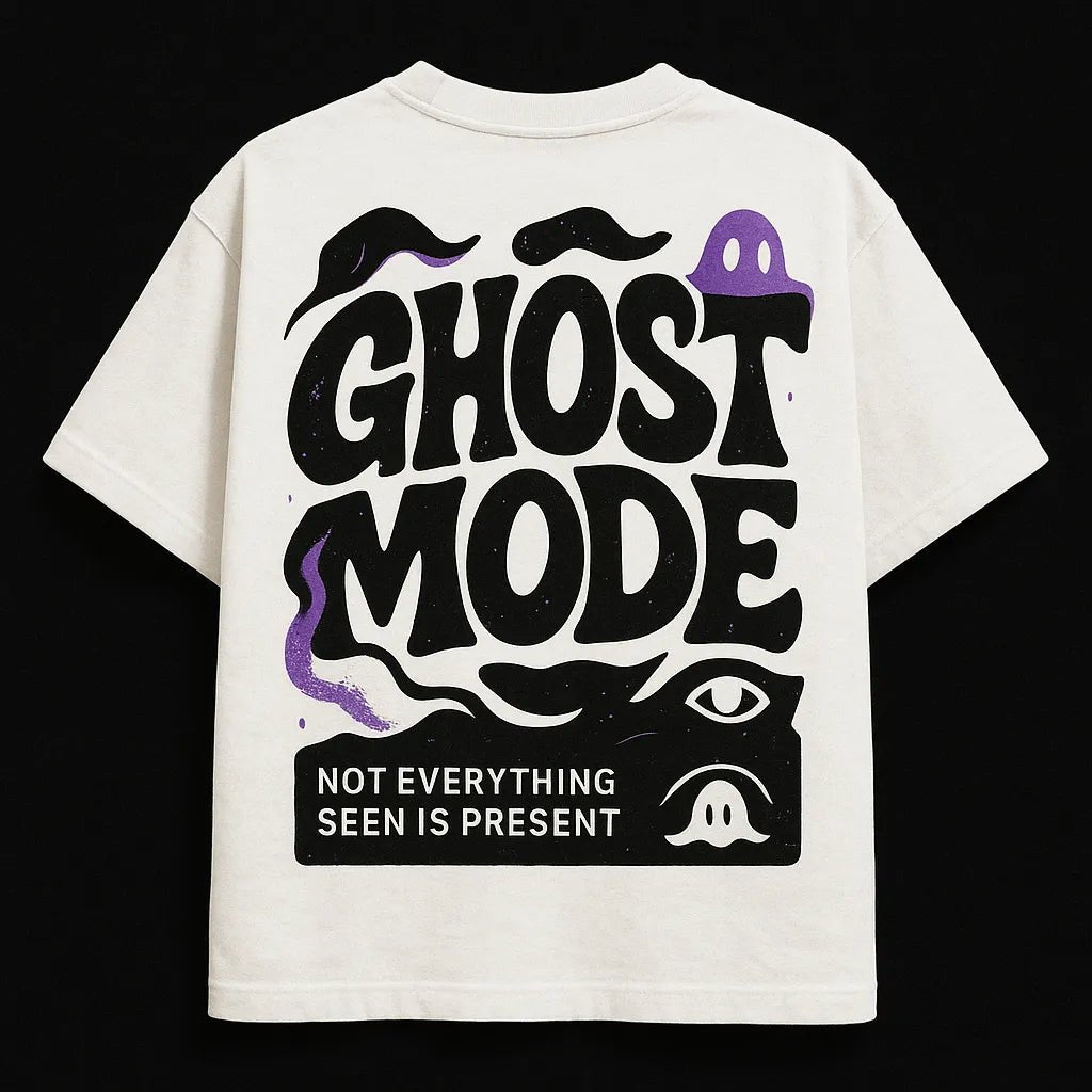 Example output from the Minimal Concept T Shirt Back Prints ChatGPT prompt: premium flat-lay T-shirt mockups with bold centered quotes, minimalist concept icons, vivid highlights, and high-resolution fabric texture rendering. Ghost Mode.