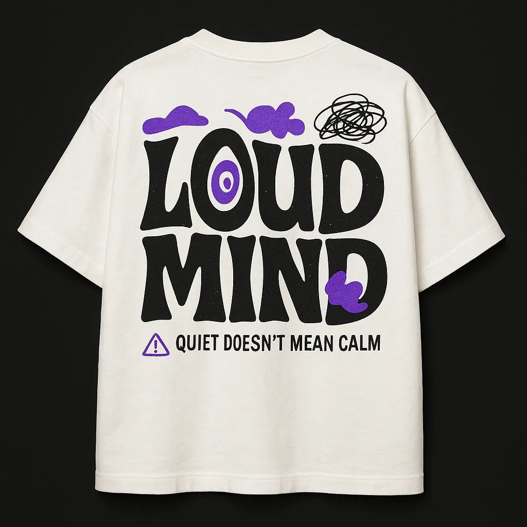 Example output from the Minimal Concept T Shirt Back Prints ChatGPT prompt: premium flat-lay T-shirt mockups with bold centered quotes, minimalist concept icons, vivid highlights, and high-resolution fabric texture rendering. Loud Mind.