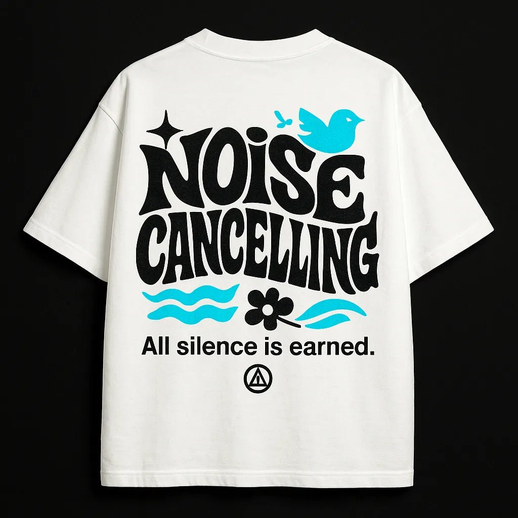 Example output from the Minimal Concept T Shirt Back Prints ChatGPT prompt: premium flat-lay T-shirt mockups with bold centered quotes, minimalist concept icons, vivid highlights, and high-resolution fabric texture rendering. Noise Cancelling.