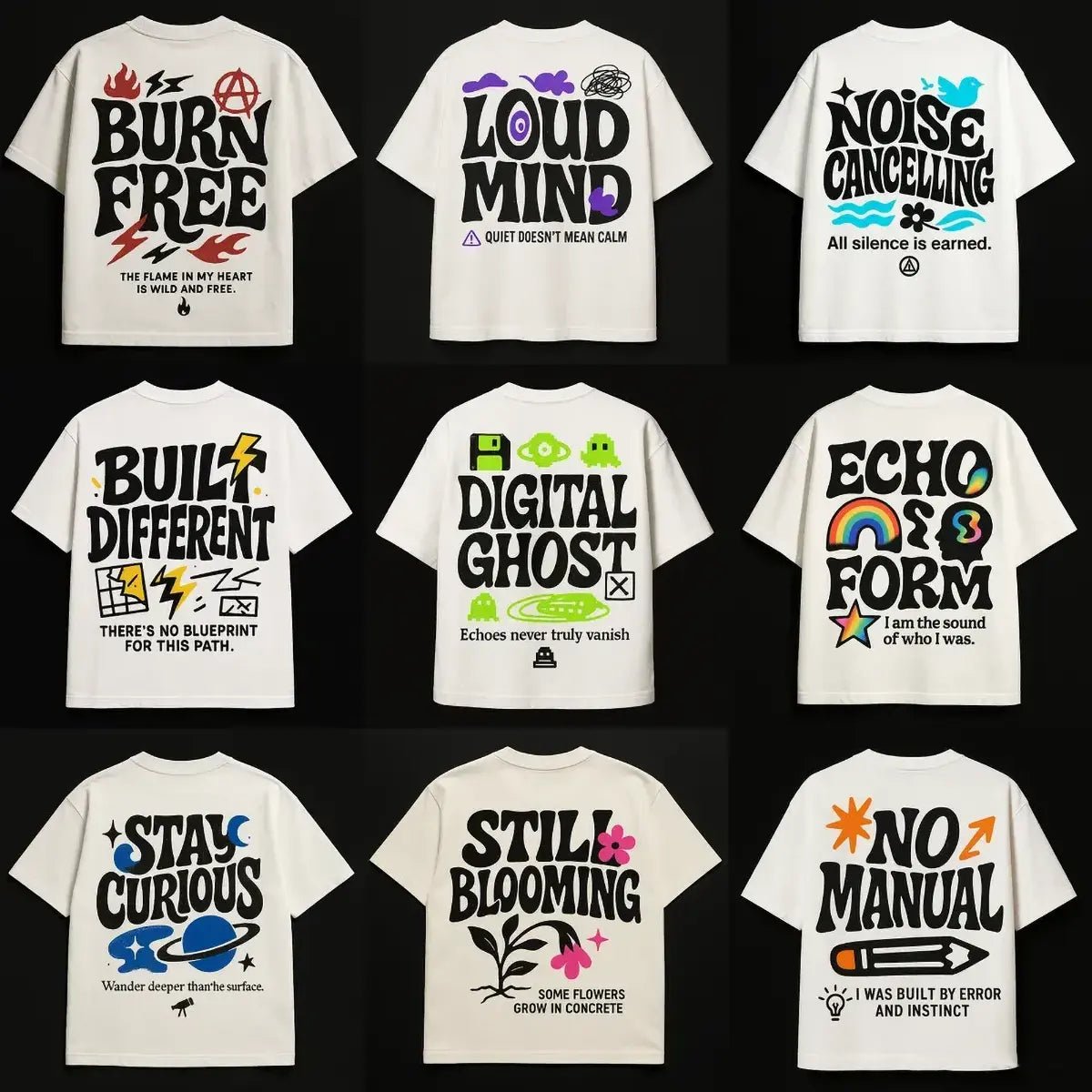Example output from the Minimal Concept T Shirt Back Prints ChatGPT prompt: premium flat-lay T-shirt mockups with bold centered quotes, minimalist concept icons, vivid highlights, and high-resolution fabric texture rendering.