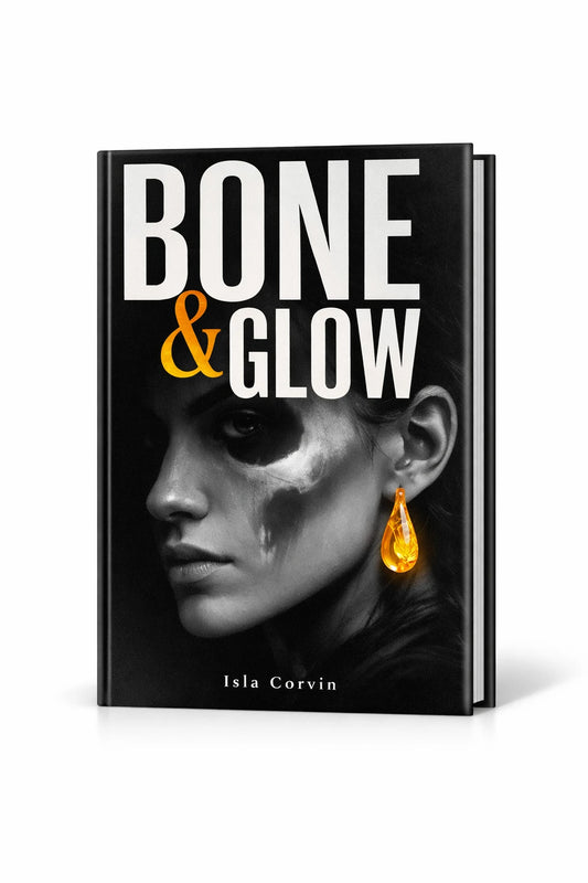 Example output from the Minimalist Modern Book Cover Designs ChatGPT prompt: a black book cover titled Bone and Glow by Isla Corvin, with a grayscale portrait and an amber teardrop earring as the accent color.