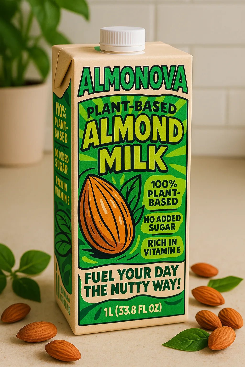 Example output from the Modern Pop Art Label Mockups ChatGPT prompt: bold, vibrant product packaging. Almond Milk.