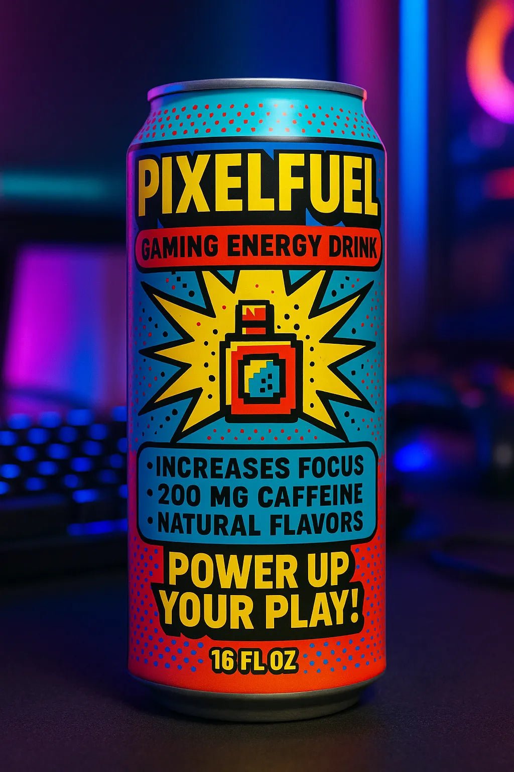 Example output from the Modern Pop Art Label Mockups ChatGPT prompt: bold, vibrant product packaging. Gaming Energy Drink.