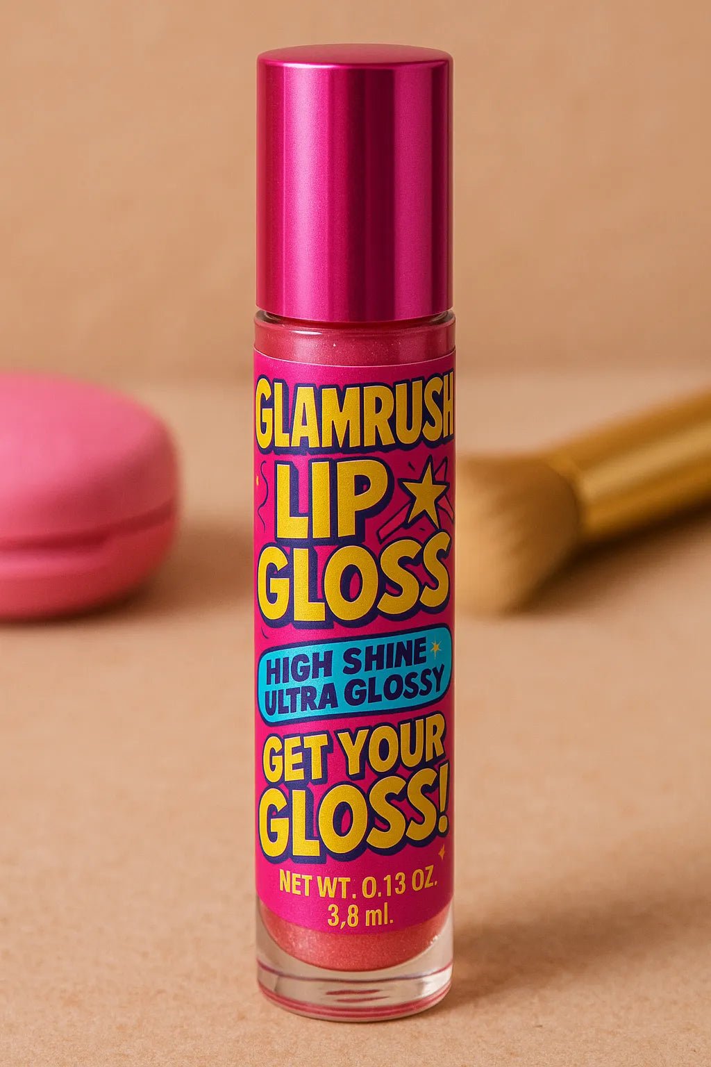 Example output from the Modern Pop Art Label Mockups ChatGPT prompt: bold, vibrant product packaging. Lip Gloss.