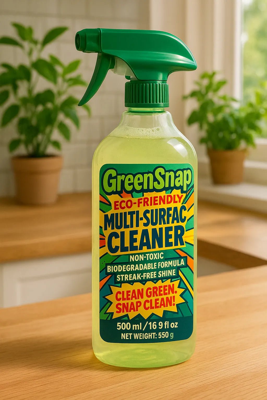 Example output from the Modern Pop Art Label Mockups ChatGPT prompt: bold, vibrant product packaging. Multi Surface Cleaner.