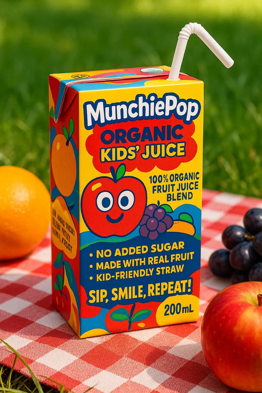 Example output from the Modern Pop Art Label Mockups ChatGPT prompt: bold, vibrant product packaging. Organic Kids Juice.