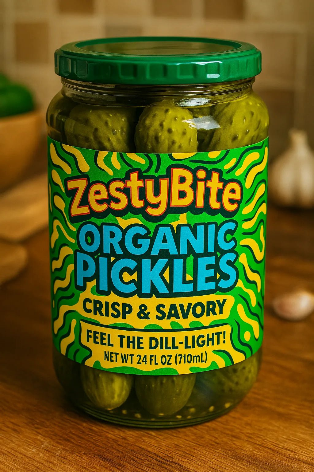 Example output from the Modern Pop Art Label Mockups ChatGPT prompt: bold, vibrant product packaging. Organic Pickles.