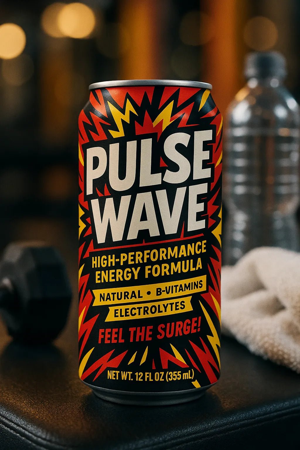 Example output from the Modern Pop Art Label Mockups ChatGPT prompt: bold, vibrant product packaging. Pulse Wave.