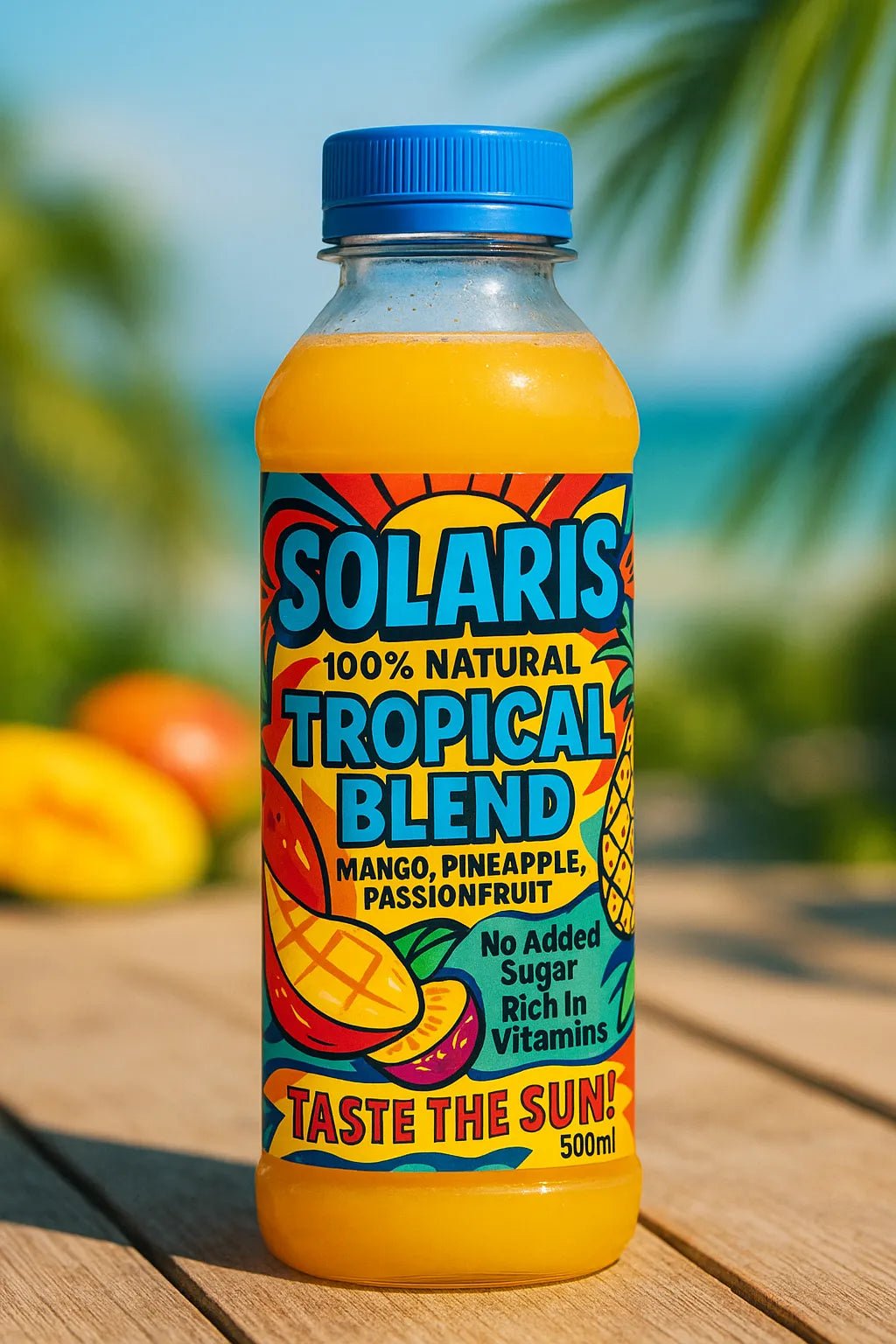 Example output from the Modern Pop Art Label Mockups ChatGPT prompt: bold, vibrant product packaging. Tropical Blend.