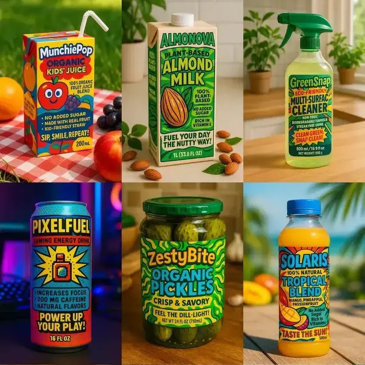 Example output from the Modern Pop Art Label Mockups ChatGPT prompt: bold, vibrant product packaging in modern pop art style, featuring portrait-format mockups with colorful label design and real-world lighting for retail-ready visuals.