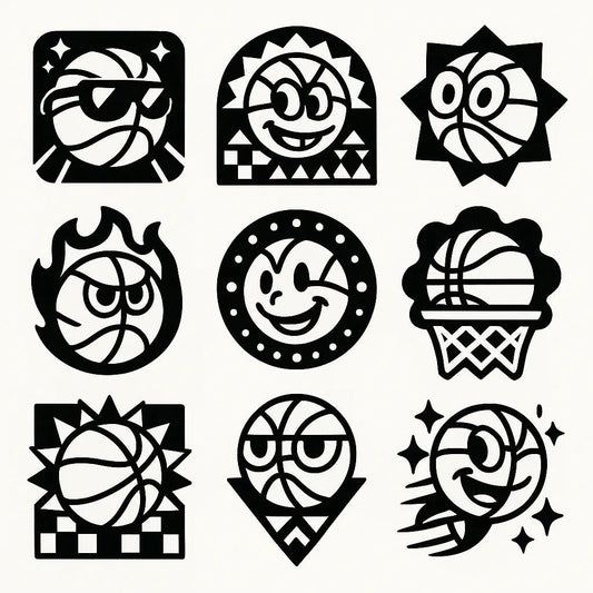 Example output from the Modular Geometric Symbol Designs ChatGPT prompt: 3×3 grid of high-contrast black-and-white icon designs, featuring layered symmetry, sharp vector shapes, and clean monochrome presentation. Basketball.