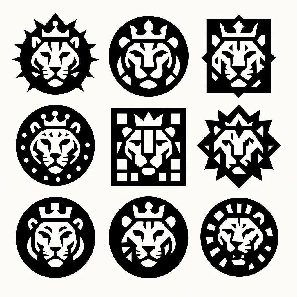 Example output from the Modular Geometric Symbol Designs ChatGPT prompt: 3×3 grid of high-contrast black-and-white icon designs, featuring layered symmetry, sharp vector shapes, and clean monochrome presentation. Lion.
