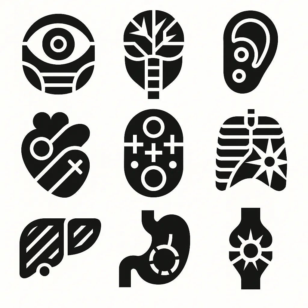Example output from the Modular Geometric Symbol Designs ChatGPT prompt: 3×3 grid of high-contrast black-and-white icon designs, featuring layered symmetry, sharp vector shapes, and clean monochrome presentation. Organs.