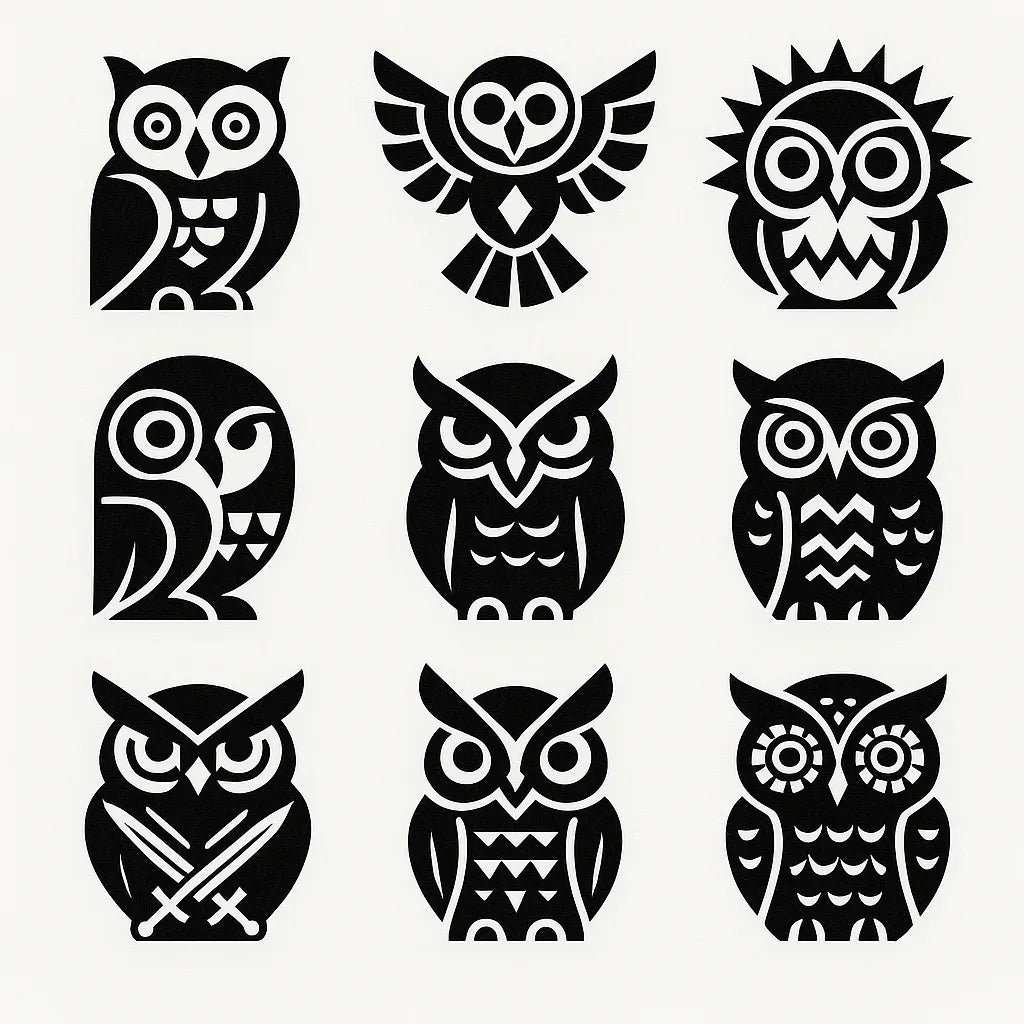 Example output from the Modular Geometric Symbol Designs ChatGPT prompt: 3×3 grid of high-contrast black-and-white icon designs, featuring layered symmetry, sharp vector shapes, and clean monochrome presentation. Owl.