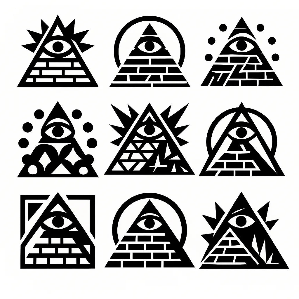 Example output from the Modular Geometric Symbol Designs ChatGPT prompt: 3×3 grid of high-contrast black-and-white icon designs, featuring layered symmetry, sharp vector shapes, and clean monochrome presentation. Pyramid.
