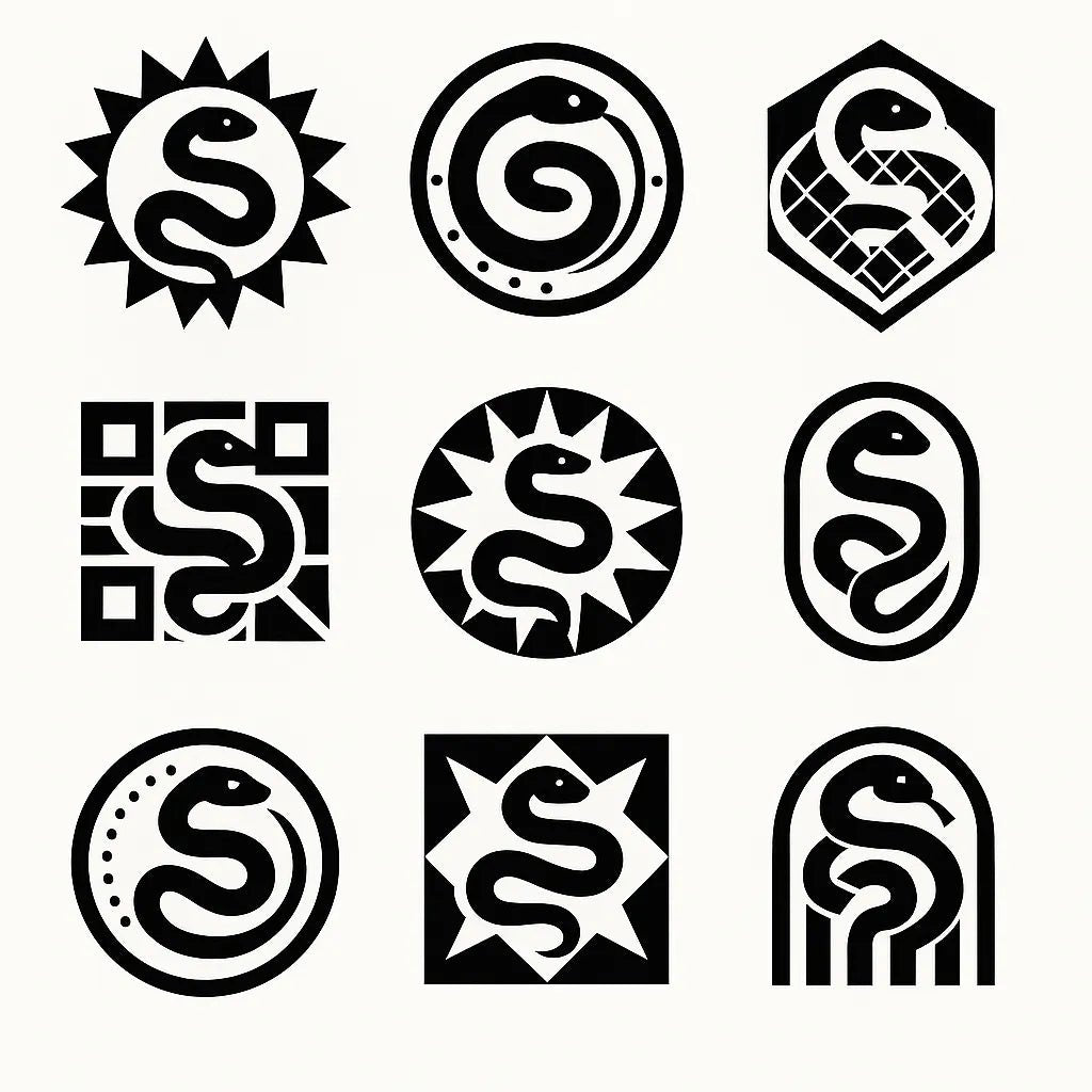 Example output from the Modular Geometric Symbol Designs ChatGPT prompt: 3×3 grid of high-contrast black-and-white icon designs, featuring layered symmetry, sharp vector shapes, and clean monochrome presentation. Snake.
