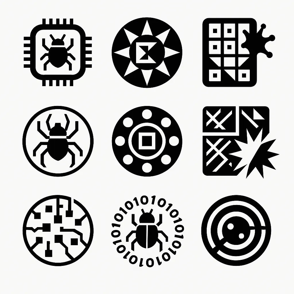 Example output from the Modular Geometric Symbol Designs ChatGPT prompt: 3×3 grid of high-contrast black-and-white icon designs, featuring layered symmetry, sharp vector shapes, and clean monochrome presentation. Spider.