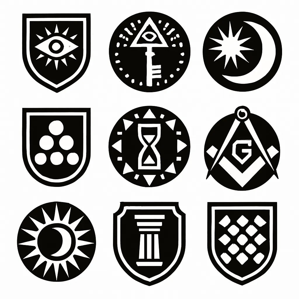 Example output from the Modular Geometric Symbol Designs ChatGPT prompt: 3×3 grid of high-contrast black-and-white icon designs, featuring layered symmetry, sharp vector shapes, and clean monochrome presentation. Symbols.