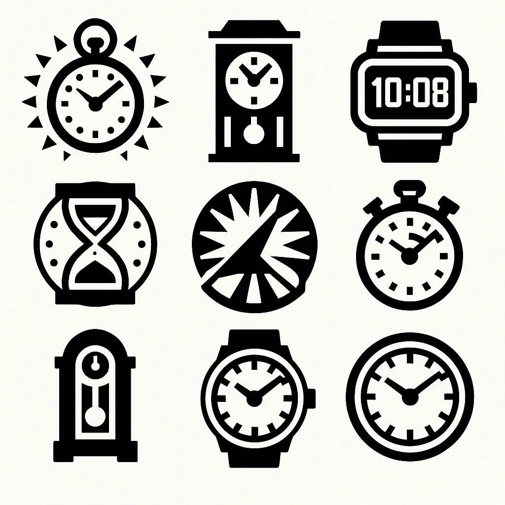 Example output from the Modular Geometric Symbol Designs ChatGPT prompt: 3×3 grid of high-contrast black-and-white icon designs, featuring layered symmetry, sharp vector shapes, and clean monochrome presentation. Time.