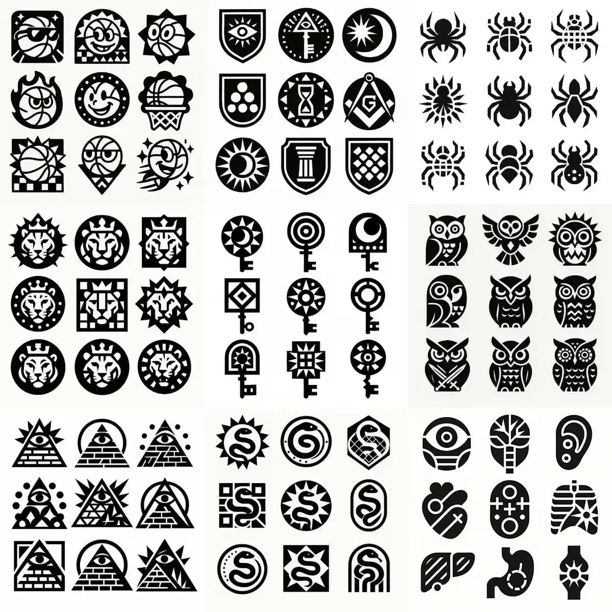 Example output from the Modular Geometric Symbol Designs ChatGPT prompt: 3×3 grid of high-contrast black-and-white icon designs, featuring layered symmetry, sharp vector shapes, and clean monochrome presentation.