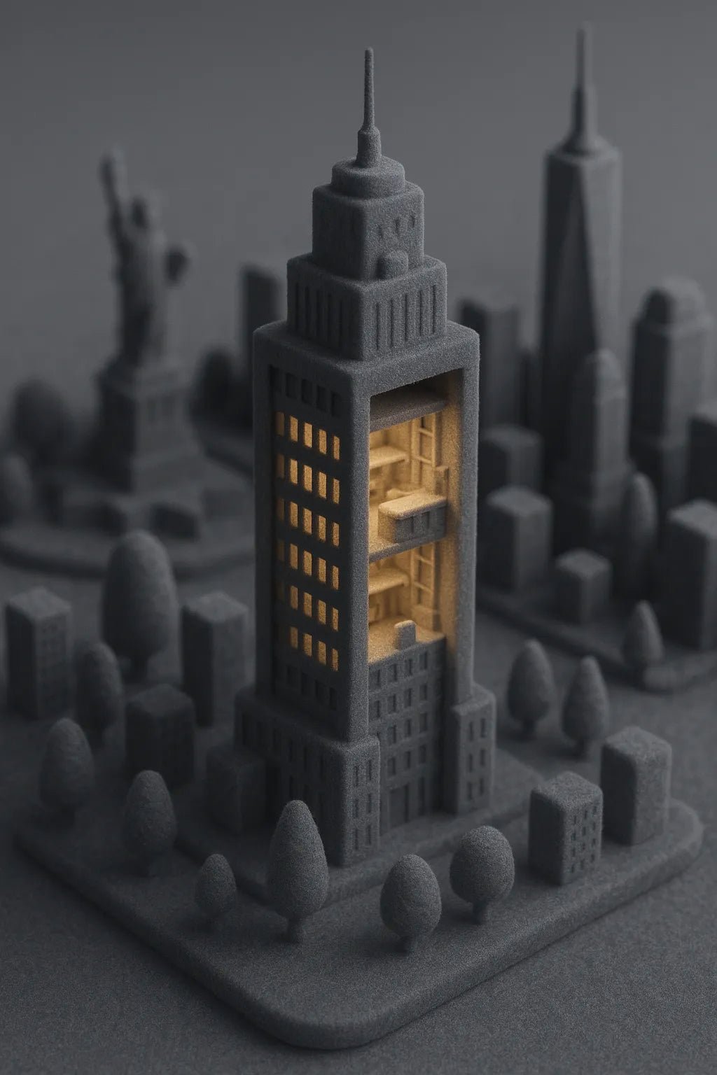 Example output from the Monochrome Mini World Builder ChatGPT prompt: miniature 3D Charcoal town.