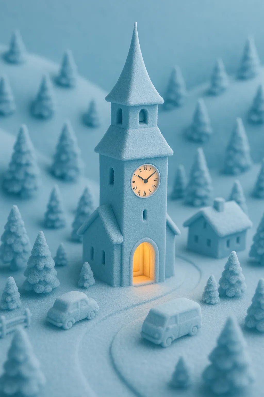 Example output from the Monochrome Mini World Builder ChatGPT prompt: miniature 3D Cyan town.