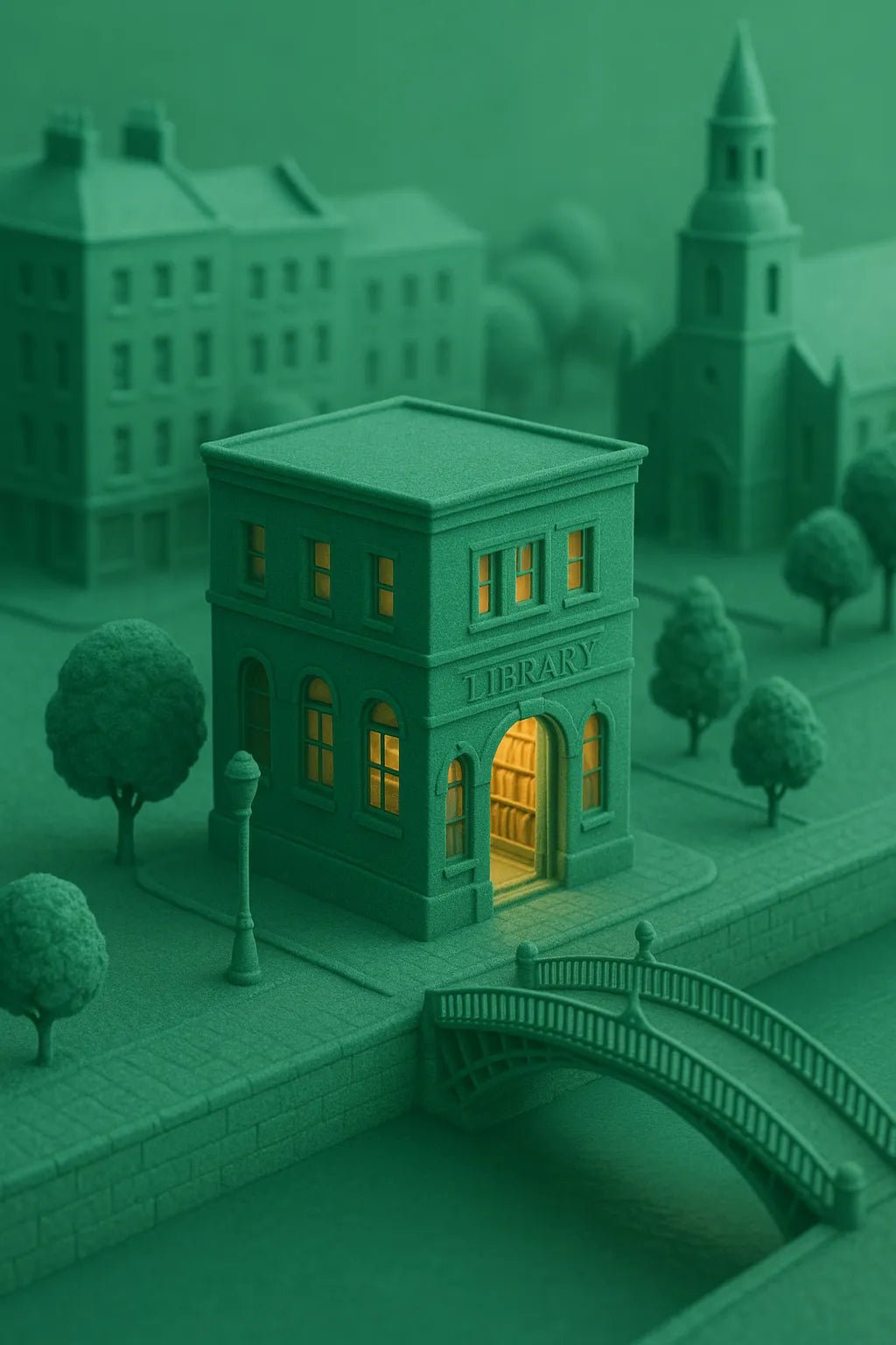 Example output from the Monochrome Mini World Builder ChatGPT prompt: miniature 3D Green town.