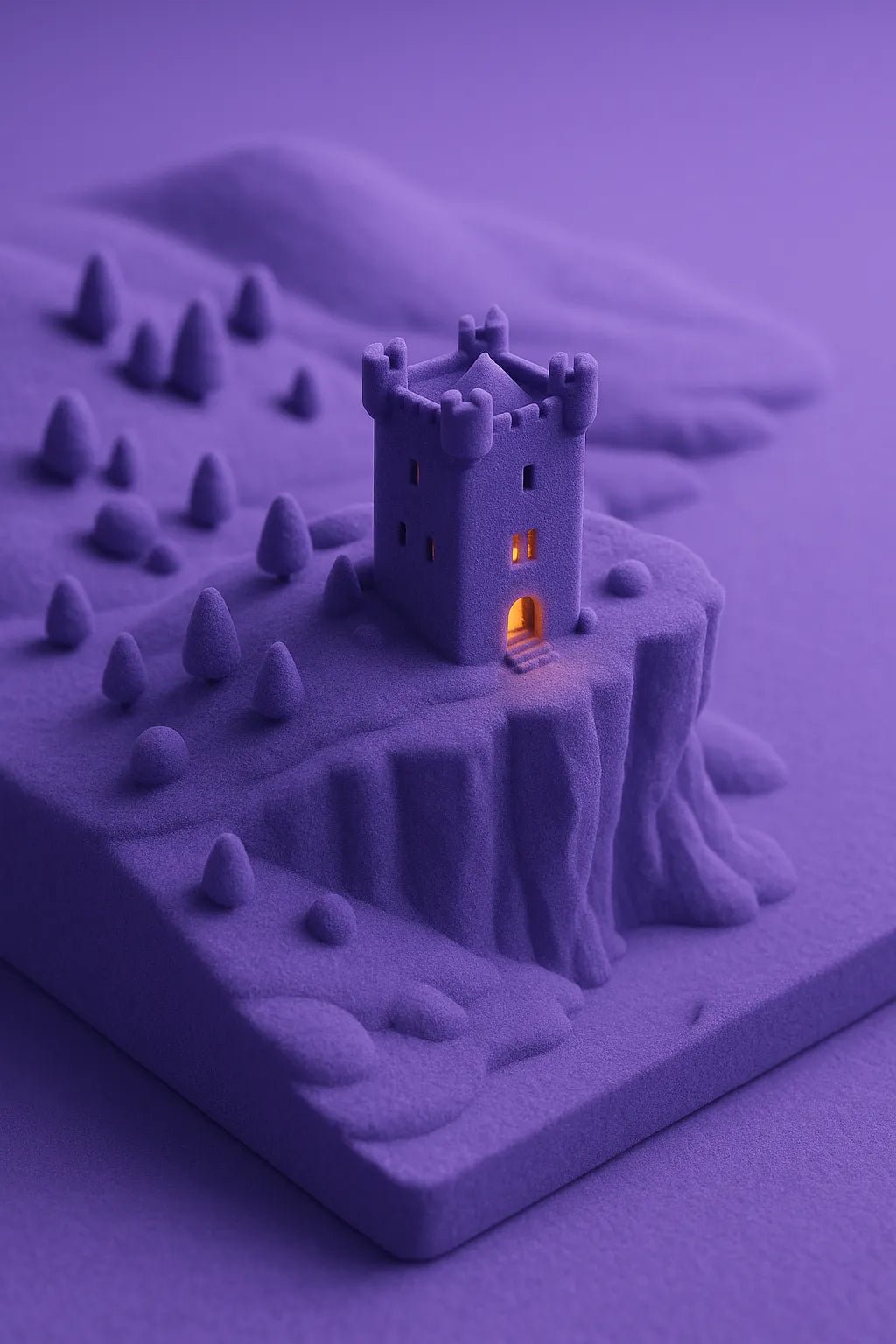 Example output from the Monochrome Mini World Builder ChatGPT prompt: miniature 3D Purple town.