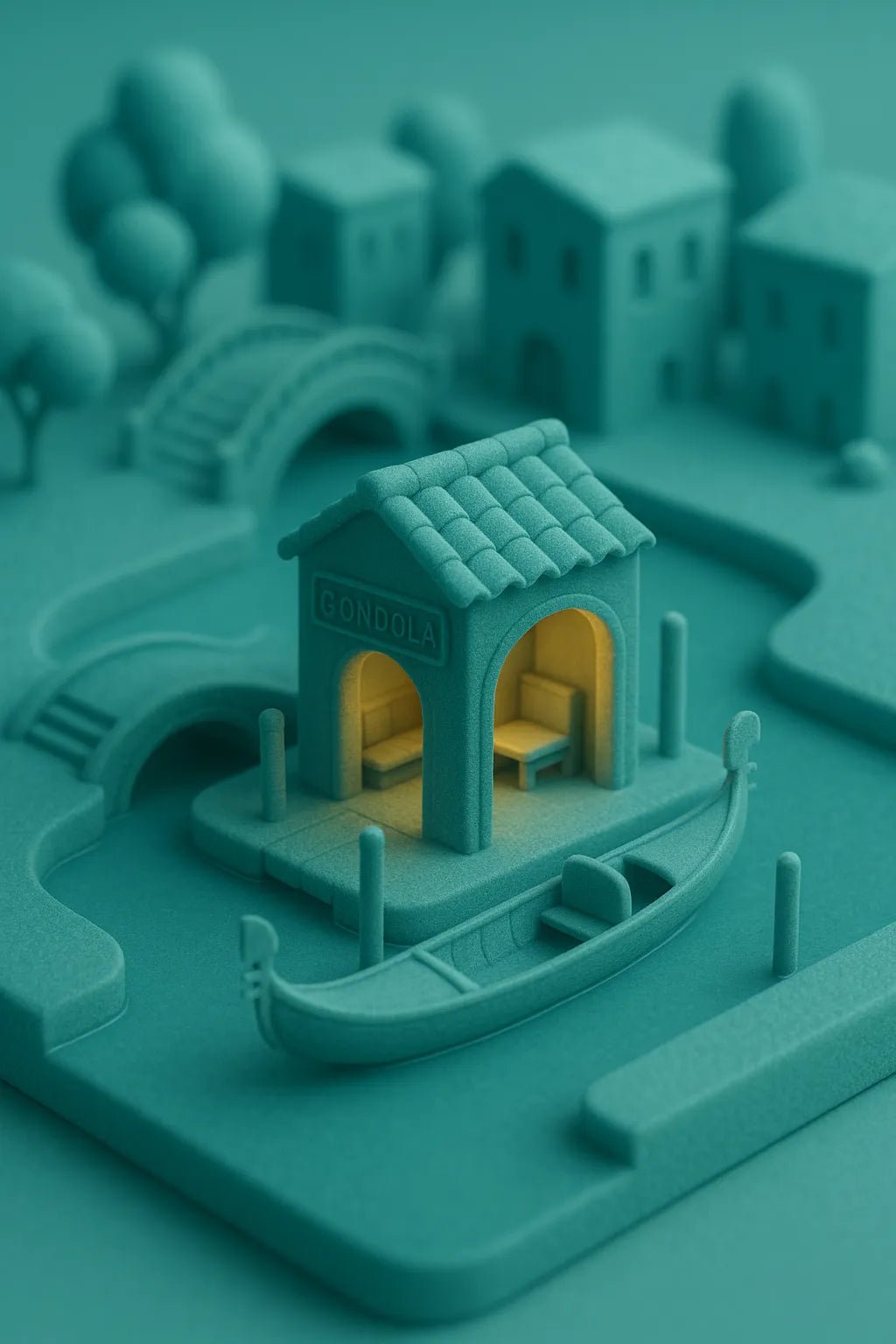 Example output from the Monochrome Mini World Builder ChatGPT prompt: miniature 3D Teal town.