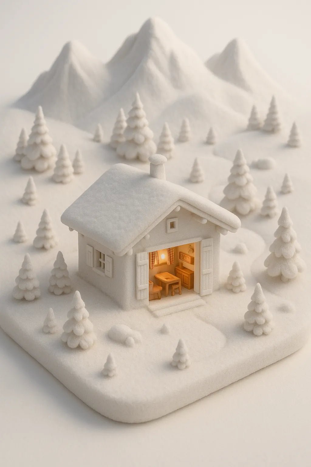 Example output from the Monochrome Mini World Builder ChatGPT prompt: miniature 3D White town.