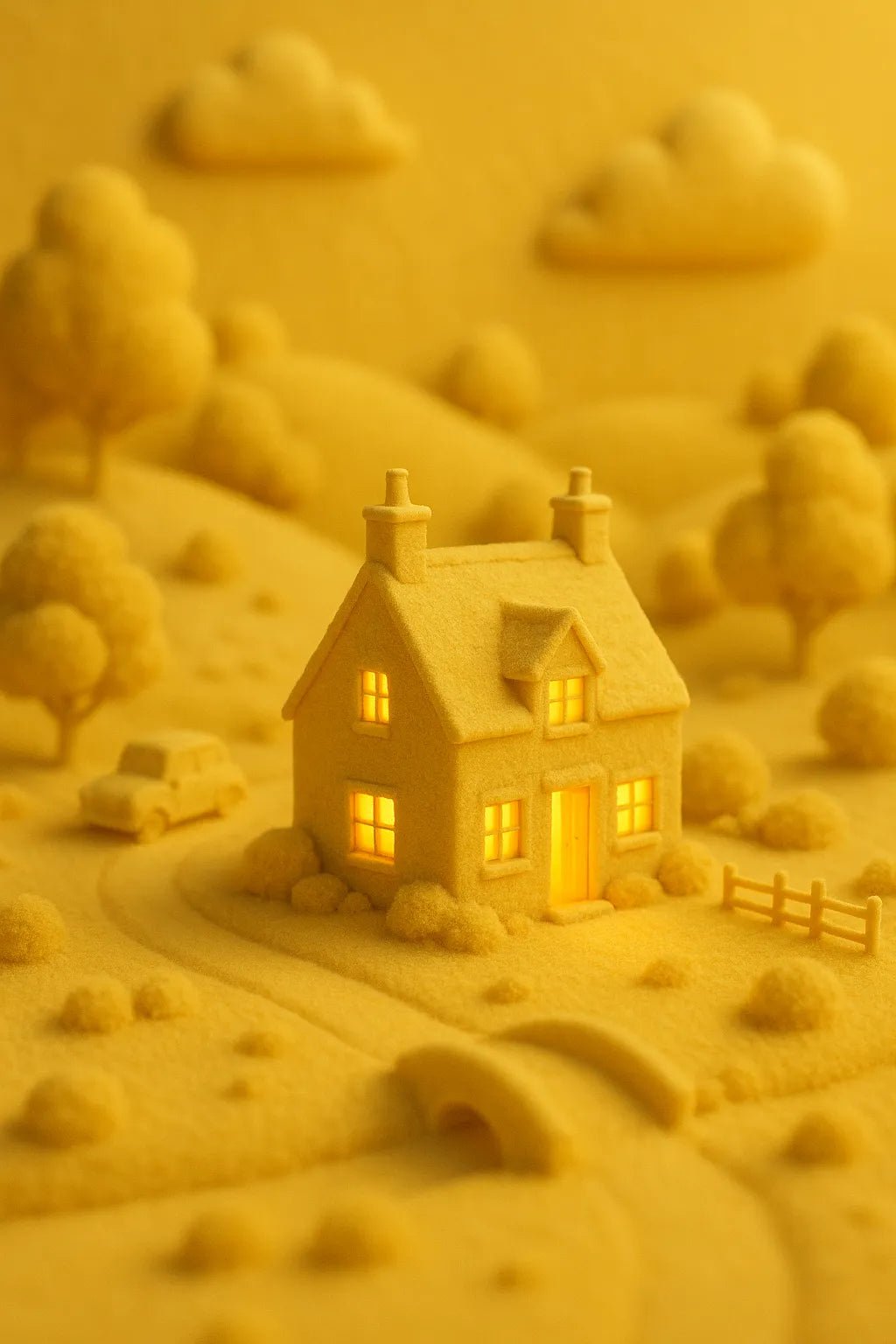 Example output from the Monochrome Mini World Builder ChatGPT prompt: miniature 3D Yellow town.