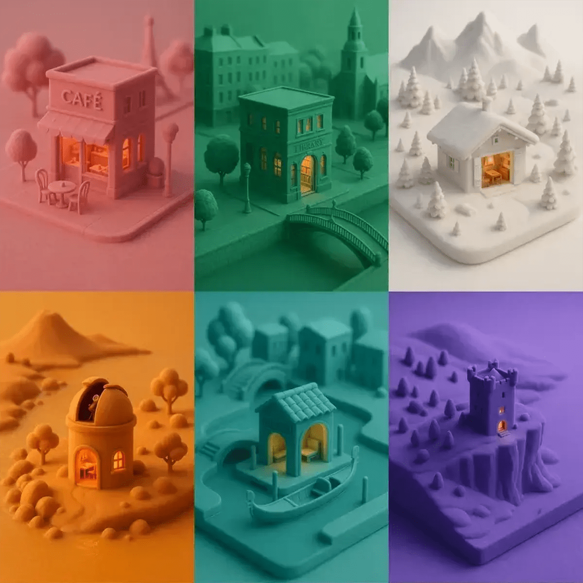 Example output from the Monochrome Mini World Builder ChatGPT prompt: miniature 3D towns in soft single-tone palettes, with cafés, observatories, libraries, and castles highlighted in warm window glow amidst stylized snow, forest, and urban landscapes.