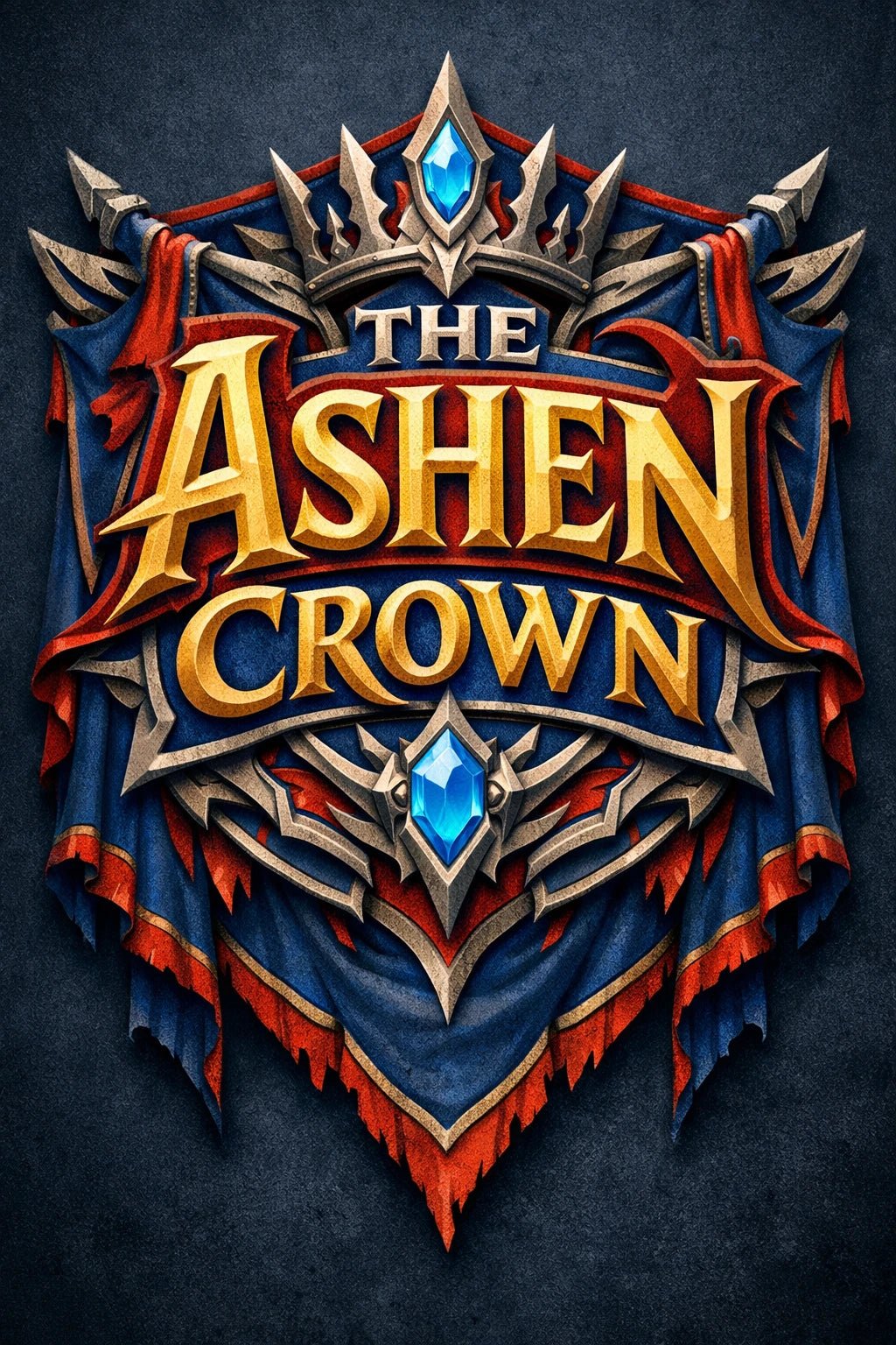 Fantasy-style mythic banner text emblem with ornate crests, gemstones, and heroic typography: The Ashen Crown