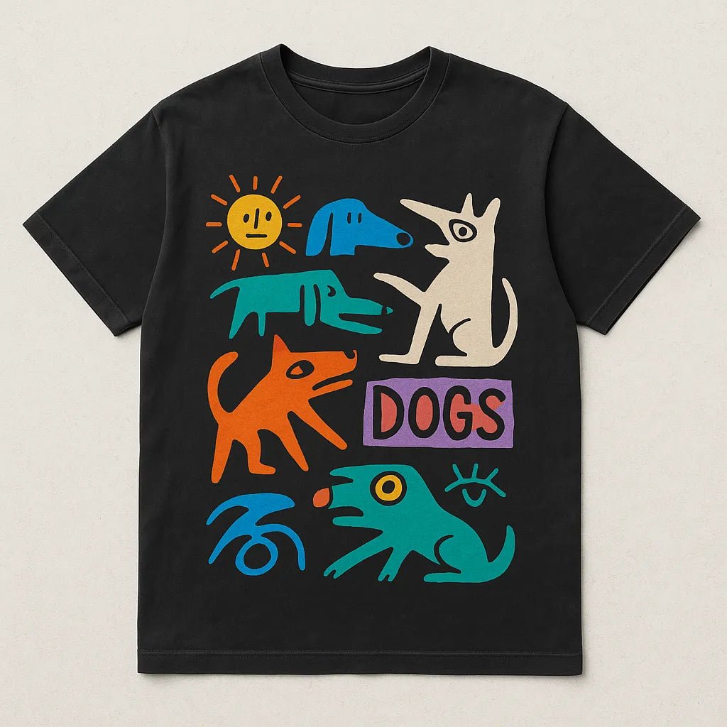 Example output from the Naive Collage T Shirt Designers ChatGPT prompt: abstract cartoon-style t-shirt graphics on washed-black tees, featuring symbolic collage art, bright color palettes, and expressive character-based designs. Dogs.