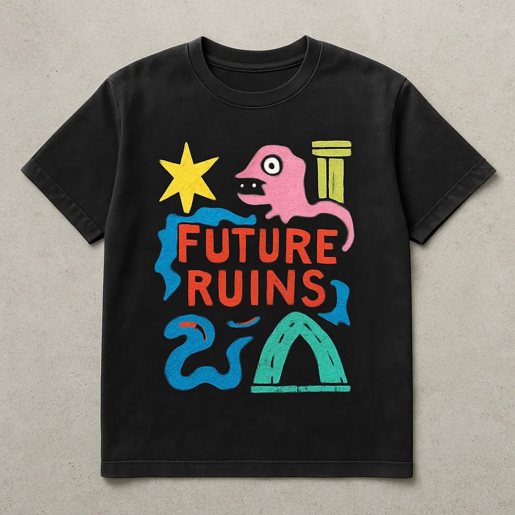 Example output from the Naive Collage T Shirt Designers ChatGPT prompt: abstract cartoon-style t-shirt graphics on washed-black tees, featuring symbolic collage art, bright color palettes, and expressive character-based designs. Future Ruins.