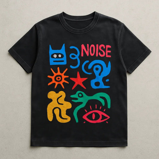 Example output from the Naive Collage T Shirt Designers ChatGPT prompt: abstract cartoon-style t-shirt graphics on washed-black tees, featuring symbolic collage art, bright color palettes, and expressive character-based designs. Noise.