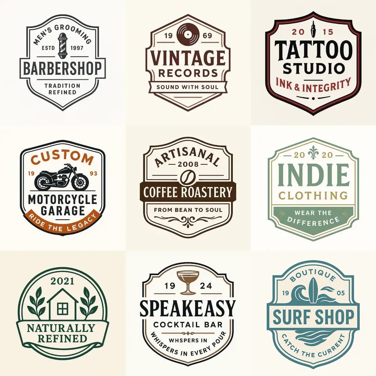 Example output of nine neo-vintage emblem badge logos generated by a ChatGPT prompt template, showcasing retro-inspired shield and banner designs with customizable founding year, motto, business type, and muted color palettes on a light background.