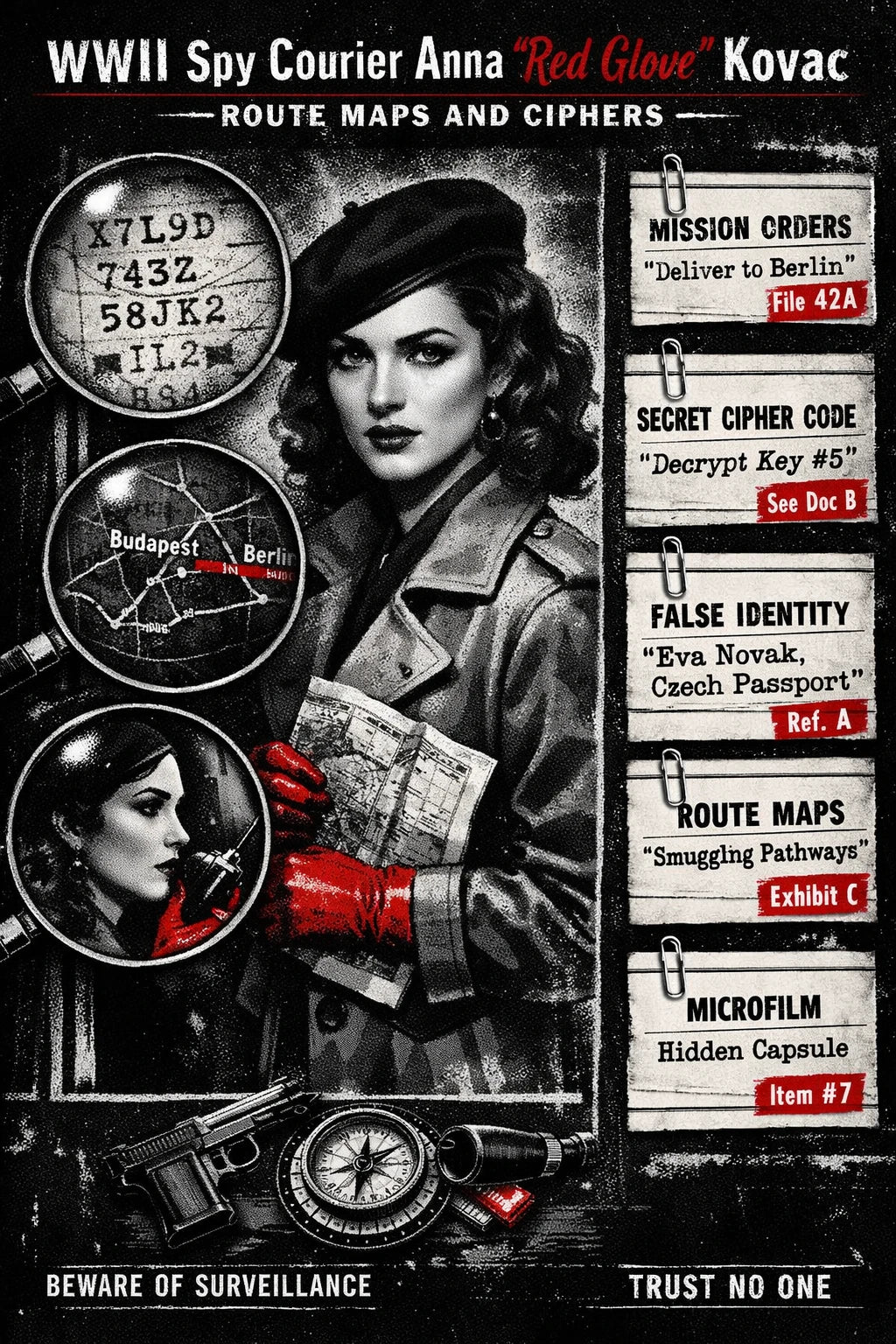 Example output from the Noir Dossier Infographic Designs ChatGPT prompt: a WWII spy courier dossier on Anna Red Glove Kovac, in cinematic noir style with magnifier portraits, evidence cards and red accents.