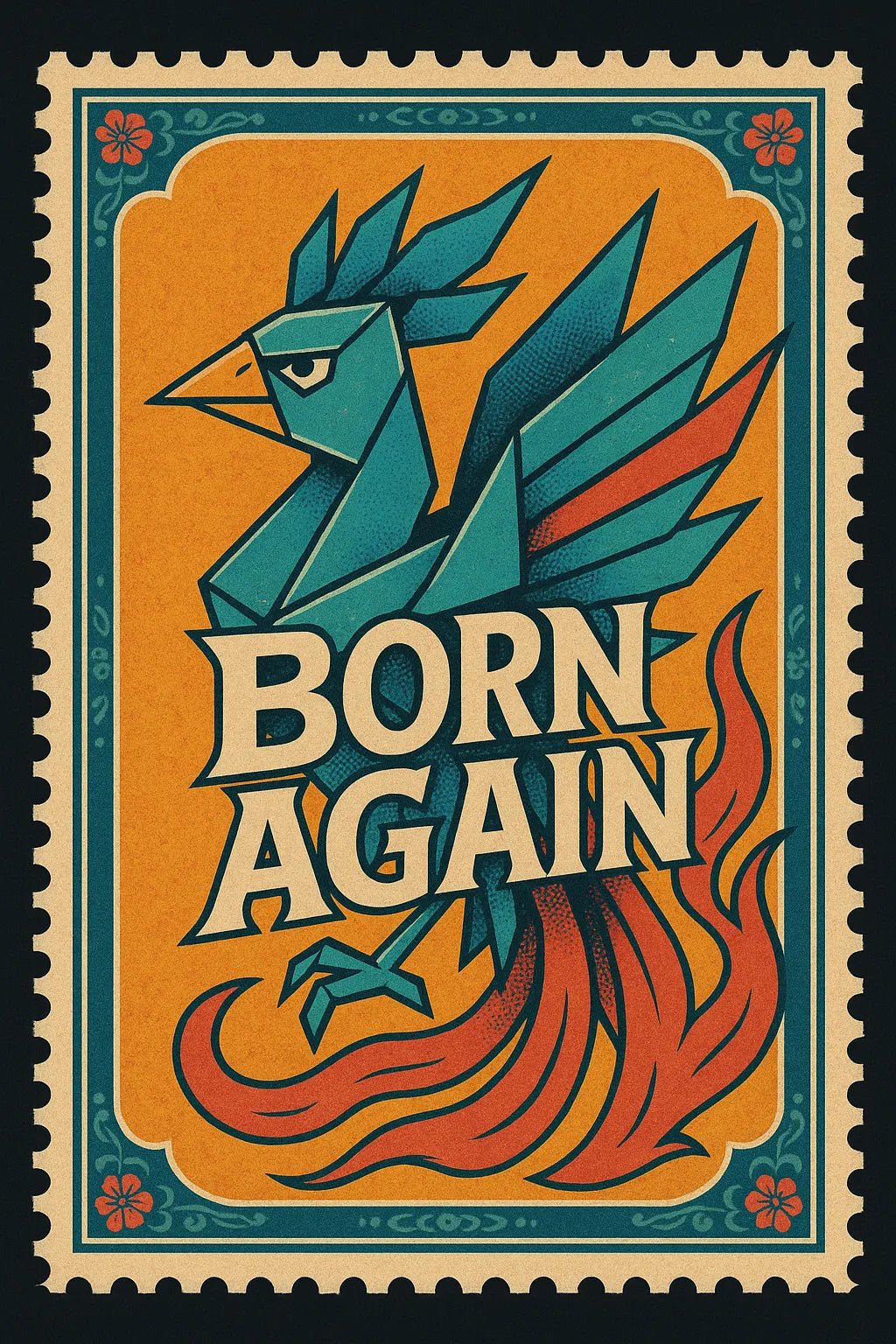 Example output from the Nostalgic Postage Stamp Art ChatGPT prompt: Born Again.