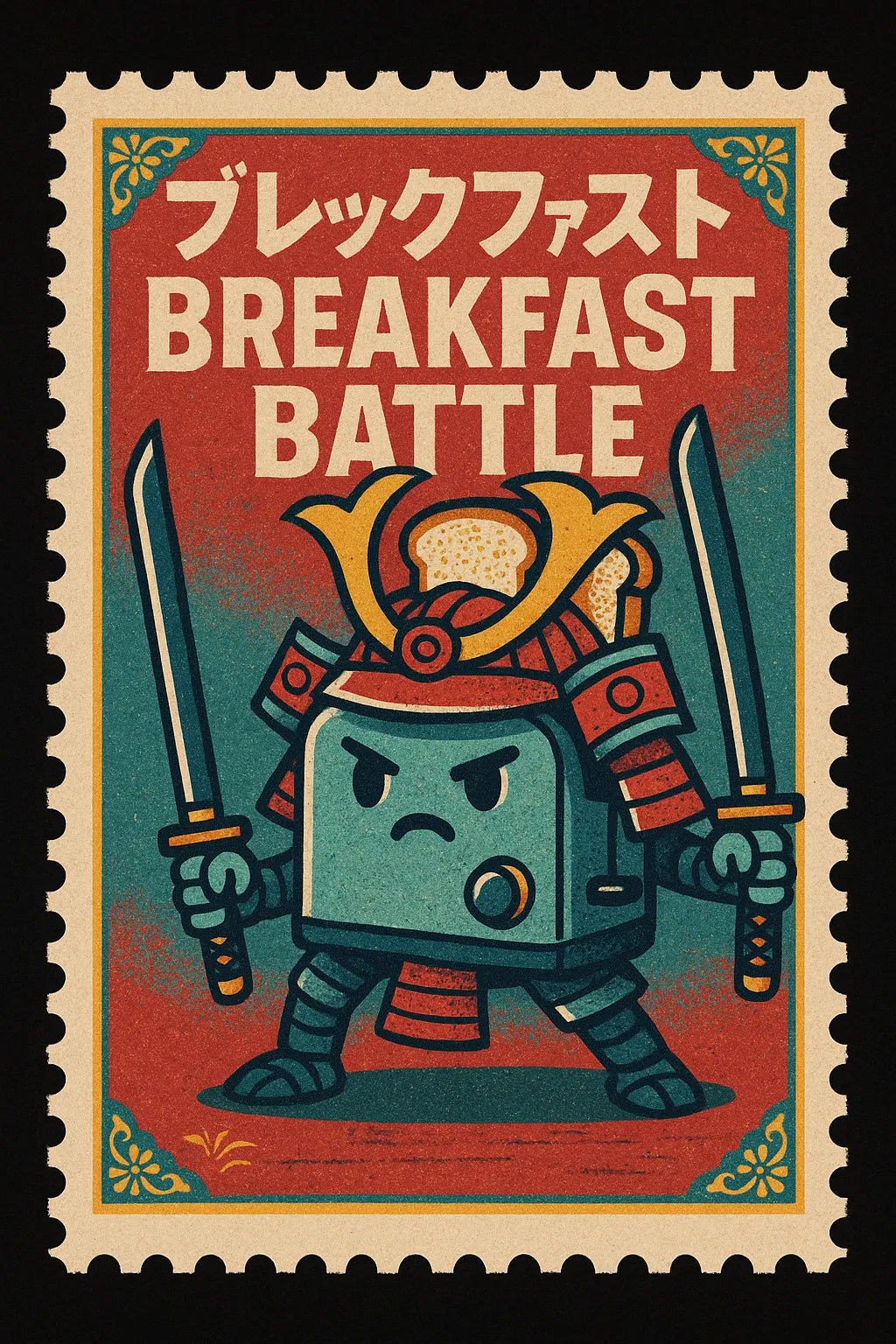 Example output from the Nostalgic Postage Stamp Art ChatGPT prompt: Breakfast Battle.