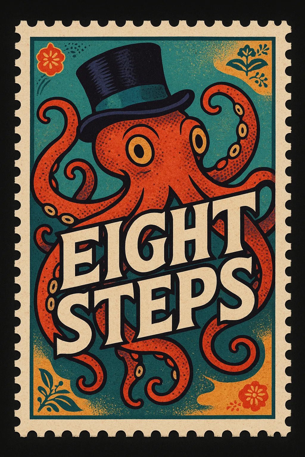 Example output from the Nostalgic Postage Stamp Art ChatGPT prompt: Eight Steps