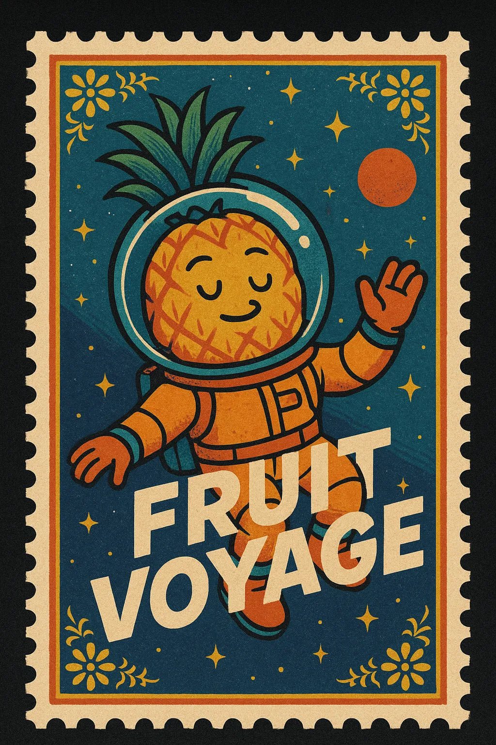 Example output from the Nostalgic Postage Stamp Art ChatGPT prompt: Fruit Voyage.