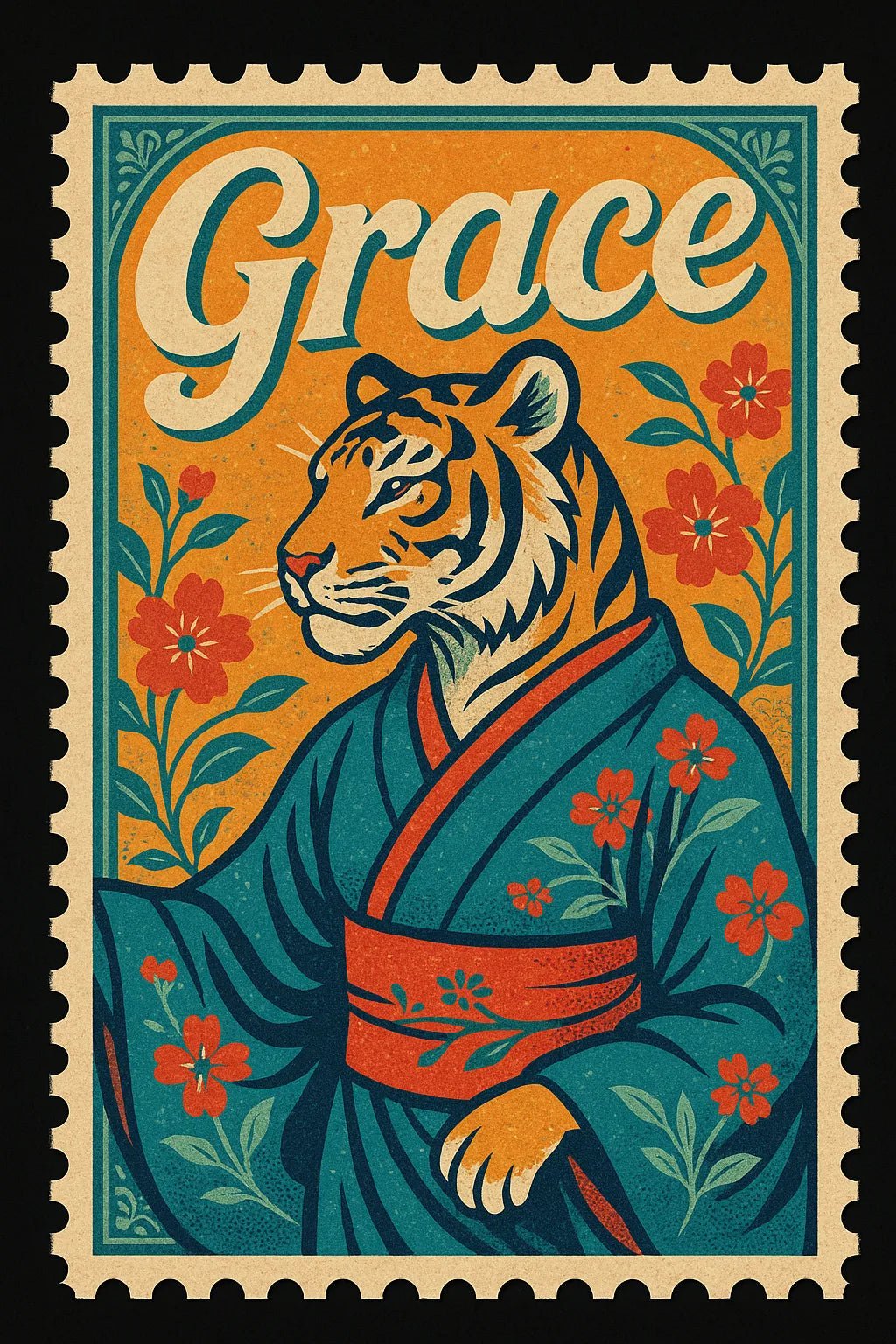 Example output from the Nostalgic Postage Stamp Art ChatGPT prompt: Grace.