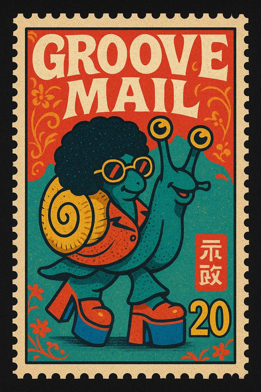Example output from the Nostalgic Postage Stamp Art ChatGPT prompt: Grove Mail.