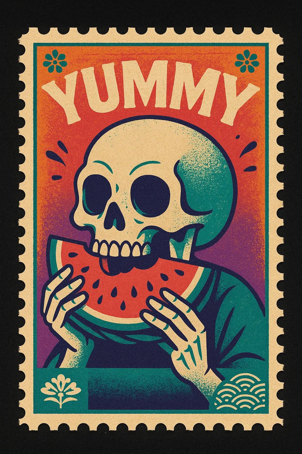 Example output from the Nostalgic Postage Stamp Art ChatGPT prompt: Yummy.